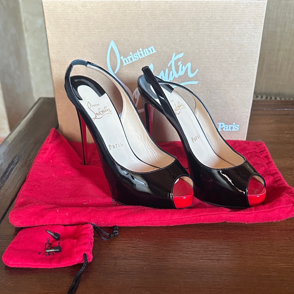 Christian Louboutin Black Patent Peep Toe Heels with Red Accents